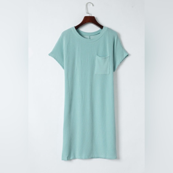 Blue Ribbed Knit Summer Short Sleeved T-Shirt Dress, Relaxed Fit, M-L-XL - Picture 9 of 10